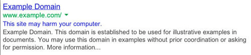 Google SERP indicating "This site may harm your computer."